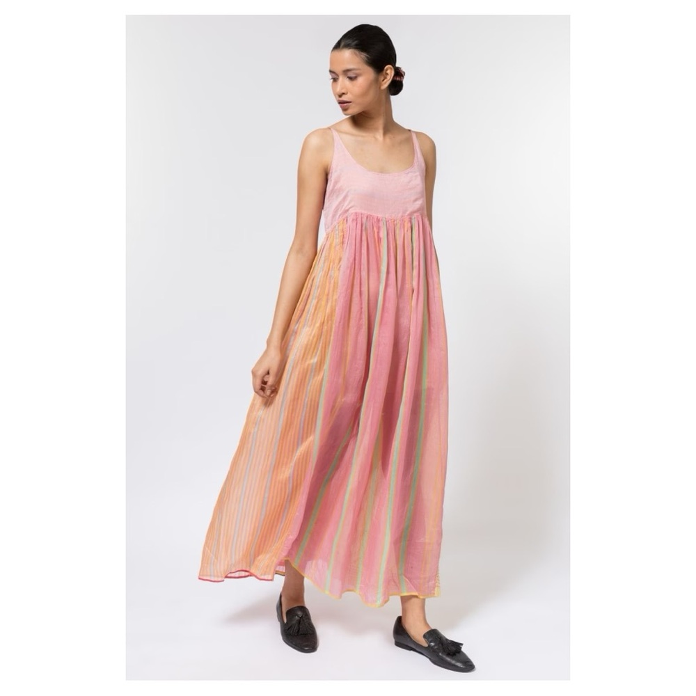 Injiri cotton silk pink and yellow stripe slip dress